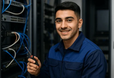 IT-Systemelektroniker überprüft Netzwerkserver mit Schraubendreher