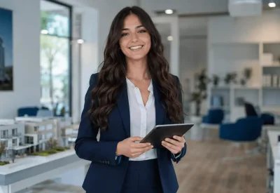 Immobilienassistentin in Ausbildung im modernen Immobilienbüro