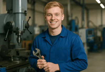 Industriemechaniker hält Schraubenschlüssel in Werkhalle