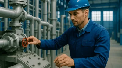 Industriemeister prüft konzentriert eine technische Anlage