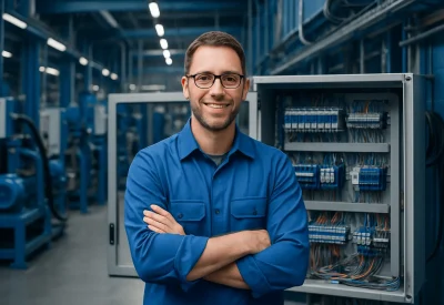 Industriemeister Elektrotechnik vor einem Elektronikkasten