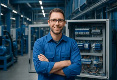 Industriemeister Elektrotechnik vor Elektronikschrank