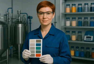 Industriemeisterin Farben und Lacke vor einem Regal mit Farbpulver