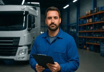 Industriemeister Kraftverkehr vor einem Lastkraftwagen
