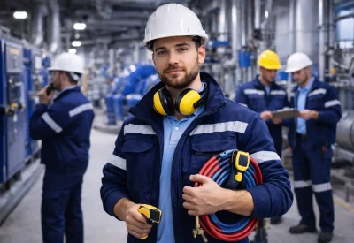 Industriemeister Kraftwerk kontrolliert Geräte im Kraftwerksbereich