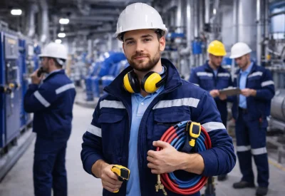 Industriemeister Kraftwerk kontrolliert Geräte im Kraftwerksbereich