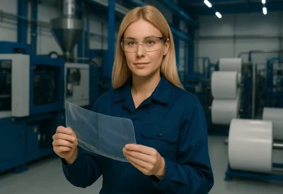 Industriemeisterin Kunststoff und Kautschuk hält Kunststofffolie in den Händen