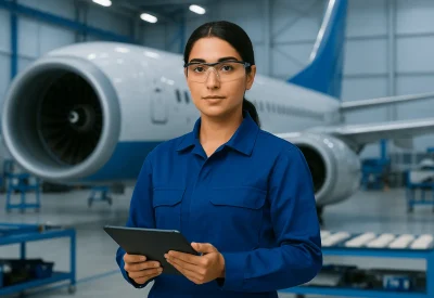 Industriemeister Luftfahrttechnik vor einem Flugzeug