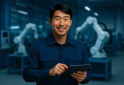 Industriemeister Mechatronik arbeitet mit Robotertechnik