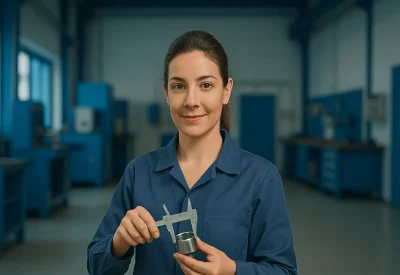 Industriemeisterin Metall prüft ein Metallteil