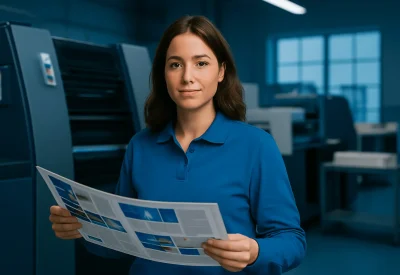 Industriemeisterin Printmedien mit einem frisch gedruckten Produkt