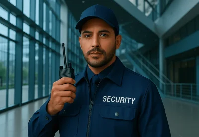 Industriemeister Schutz und Sicherheit mit Funkgerät in einem Gebäude