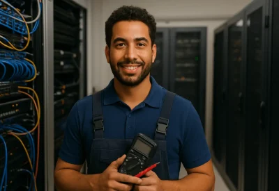 Informationstechnikermeister prüft Serveranlage im Rechenzentrum