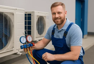 Kälteanlagenbauermeister prüft Klimaanlage mit Messgerät