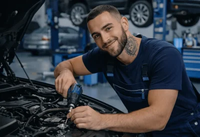 Karosserie- und Fahrzeugbaumechaniker arbeitet in Werkstatt“