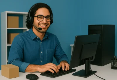 E-Commerce Kaufmann telefoniert und arbeitet am Desktop-PC