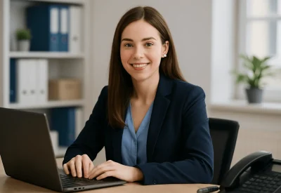Kauffrau für Büromanagement arbeitet am Laptop im Büro