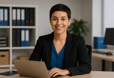 Kauffrau für Groß- und Außenhandelsmanagement im Büro am Laptop