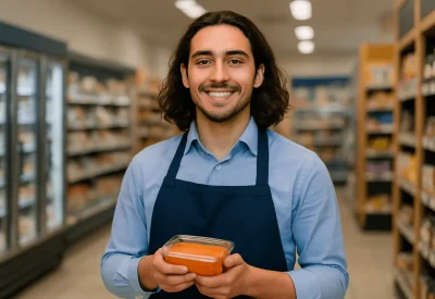 Kaufmann im Einzelhandel präsentiert Ware im Supermarkt