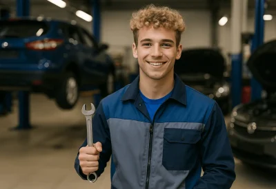 Junger Kfz-Mechatroniker arbeitet in Werkstatt mit Schraubenschlüssel