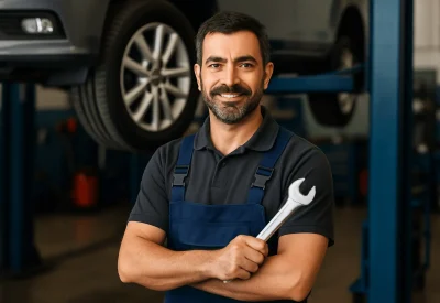 Kfz-Technikermeister überprüft Fahrzeug in moderner Werkstatt