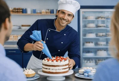 Konditormeister dekoriert Torte in moderner Backstube