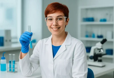 Laborantin hält Reagenzglas mit blauer Flüssigkeit