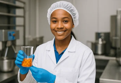 Lebensmitteltechnikerin prüft Lebensmittelprobe in Produktion