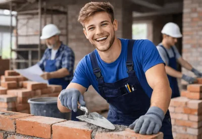 Maurer während seiner Ausbildung auf der Baustelle