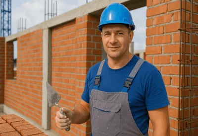 Maurermeister mauert Ziegelwand auf Baustelle