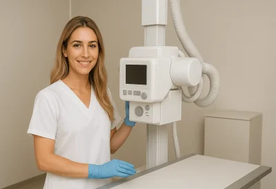 Radiologieassistentin bedient modernes Röntgengerät im Untersuchungsraum