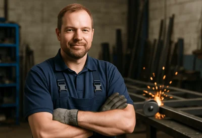 Erfahrener Metallbauermeister arbeitet an Funken sprühender Maschine