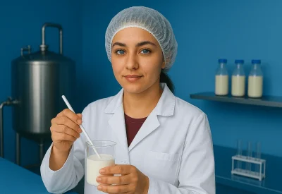 Milchwirtschaftliche Laborantin prüft Milch im Labor