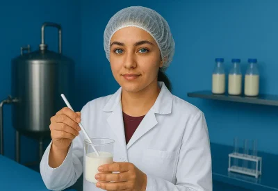 Milchwirtschaftliche Laborantin prüft Proben im Labor