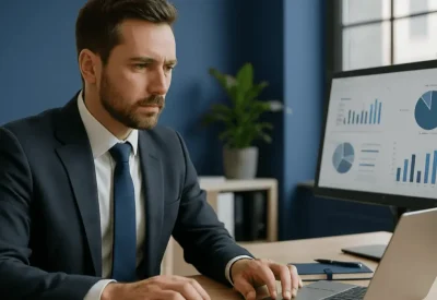 Geprüfter Controller (IHK) wertet Kennzahlen am Bildschirm aus