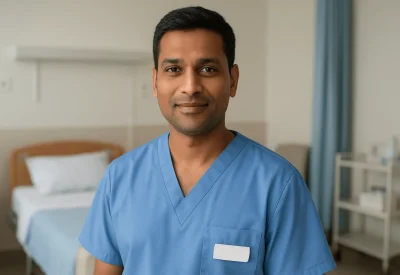 Portrait eines männlichen, indischstämmigen Pflegeassistenten Mitte 30 in blauen Pflege-Arbeitskleidung, freundlich in die Kamera blickend, stehend in einem patientenorientierten Pflegezimmer.