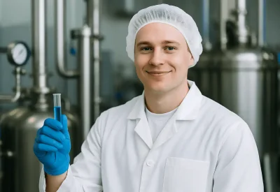 Pharmakant prüft eine blaue Flüssigkeit im Labor
