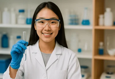 Pharmazeutisch-technische Assistentin hält Reagenzglas im Labor