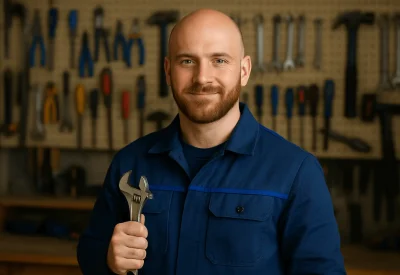 Handwerksmeister mit Werkzeug in der Werkstatt