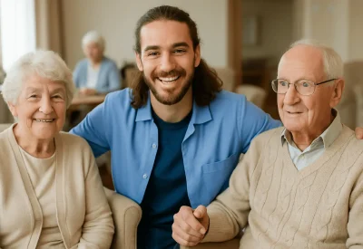 Freundlicher Sozialassistent betreut Senioren im Pflegeheim