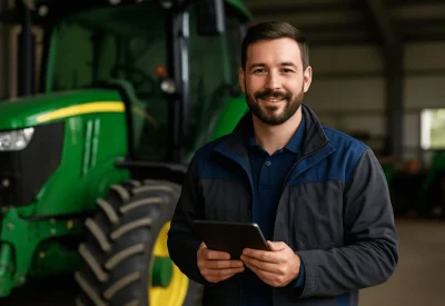 Techniker Agrartechnik steht vor modernem Traktor mit Tablet