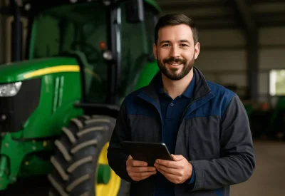 Techniker Agrartechnik mit Tablet vor modernem Traktor
