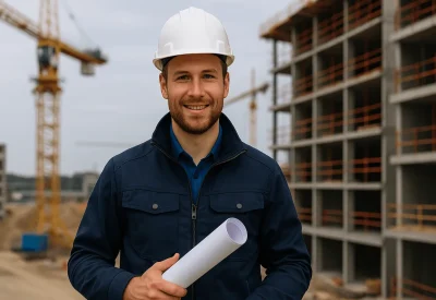 Techniker Bautechnik überwacht Baustelle mit Bauplan
