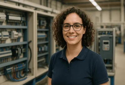 Techniker Elektrotechnik steht vor Schaltschrank in Werkhalle