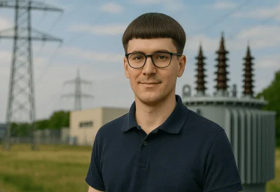 Techniker Energietechnik arbeitet an Umspannwerk im Freien