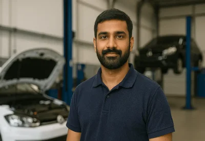 Staatlich geprüfter Techniker prüft Fahrzeug in Werkstatt