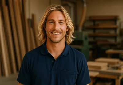 Techniker Holztechnik arbeitet in der Holzwerkstatt an Maschinen