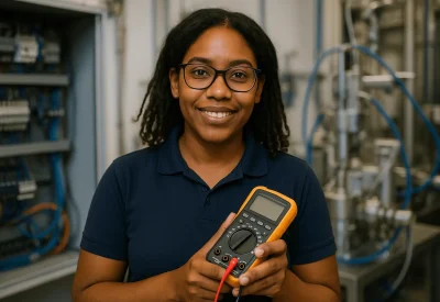 Techniker Mechatronik misst elektrische Werte an Steuerung