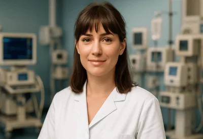 Techniker Medizintechnik kontrolliert Geräte im Krankenhaus