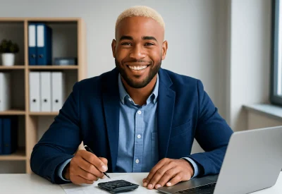 Steuerfachangestellter prüft Unterlagen und berechnet Finanzen